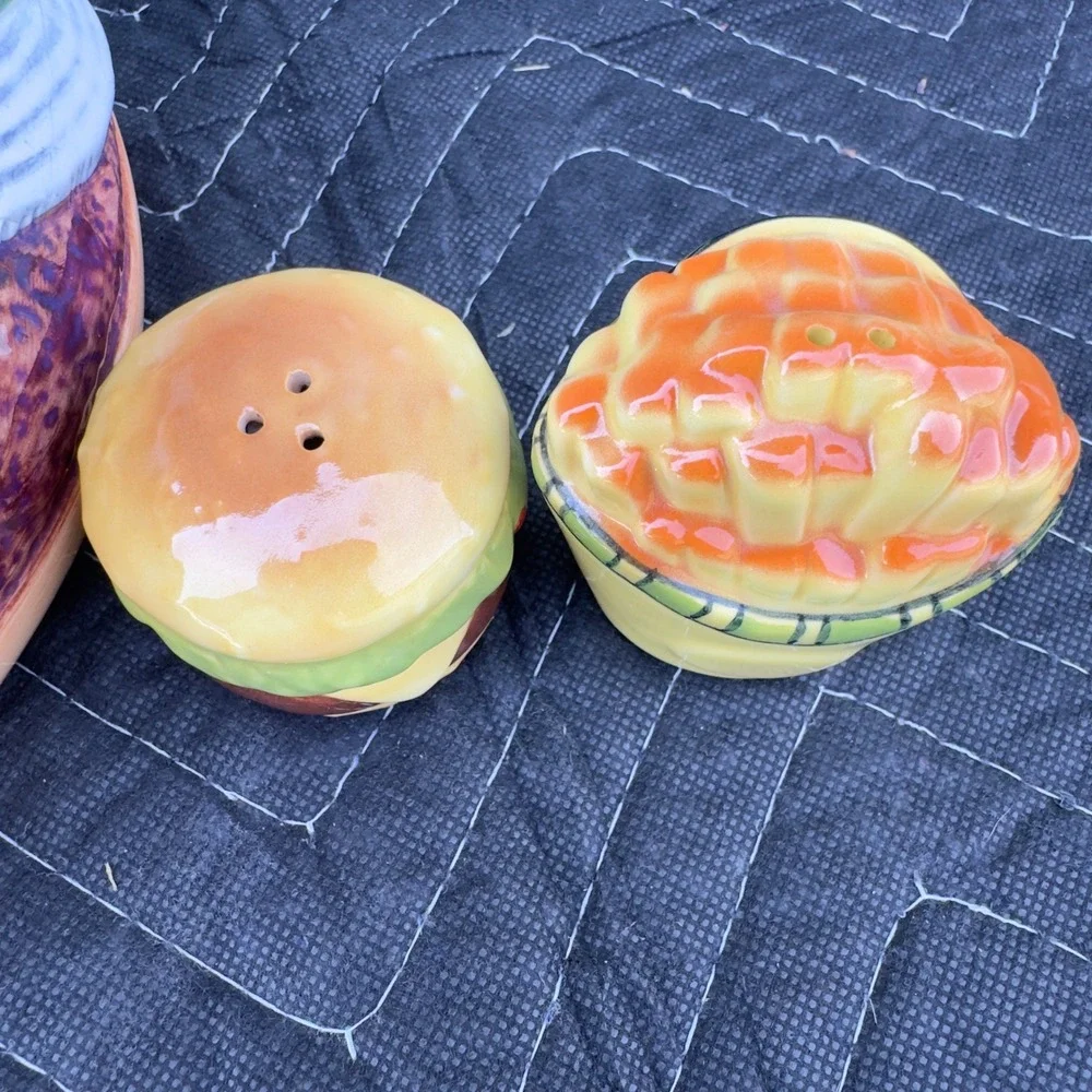 Vintage Ceramic Hamburger Divided Serving Dish with Fry & Burger Shakers Set